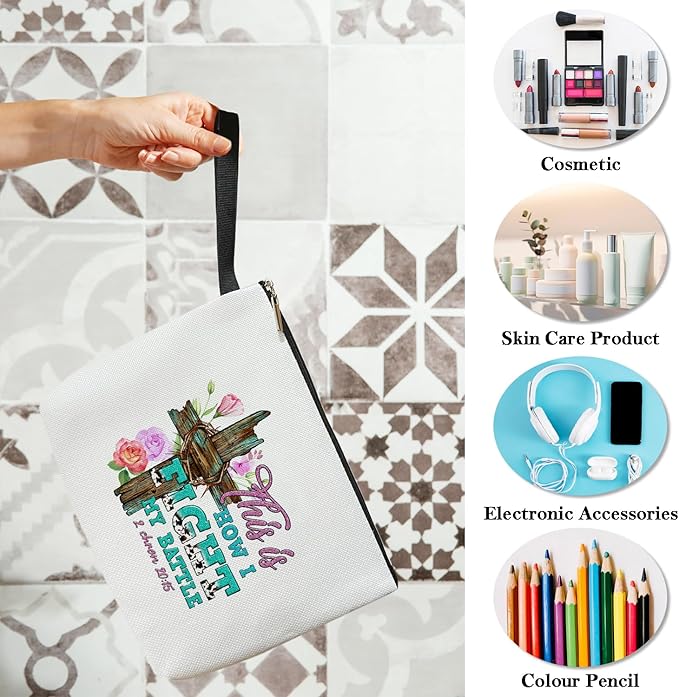 BSNZZIO Christian Cosmetic Bag for Women, Floral Cross Makeup Bag Gifts for Friend Mother Coworker Travel Essentials Purse Toiletry Pouch Cosmetic Bag with Zipper(This is How I Fight my battle)