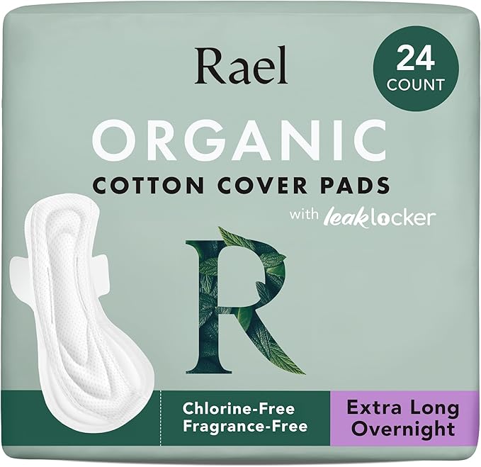 Rael Organic Cotton Cover Sanitary Pads for Women (XL Overnight, 24 Ct)