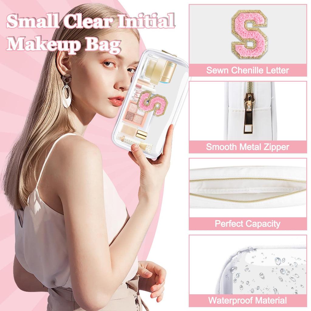 Small Clear Personalized Initial Makeup Bag,Nylon Preppy A-Z Chenille Letter Patch Cosmetic Pouch Beach Toiletry Bag,Waterproof Zipper Travel Purse Storage Bag Organizer for Women Girls(White-Pink S)