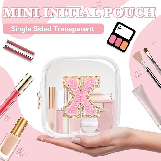 Iqimott Mini Clear Personalized Initial Makeup Bag, Small Preppy A-Z Chenille Letter Patch Cosmetic Pouch, Transparent PVC & Nylon Waterproof Zip Beach Toiletry Bag,Gift for Women Girls(White-Pink X)