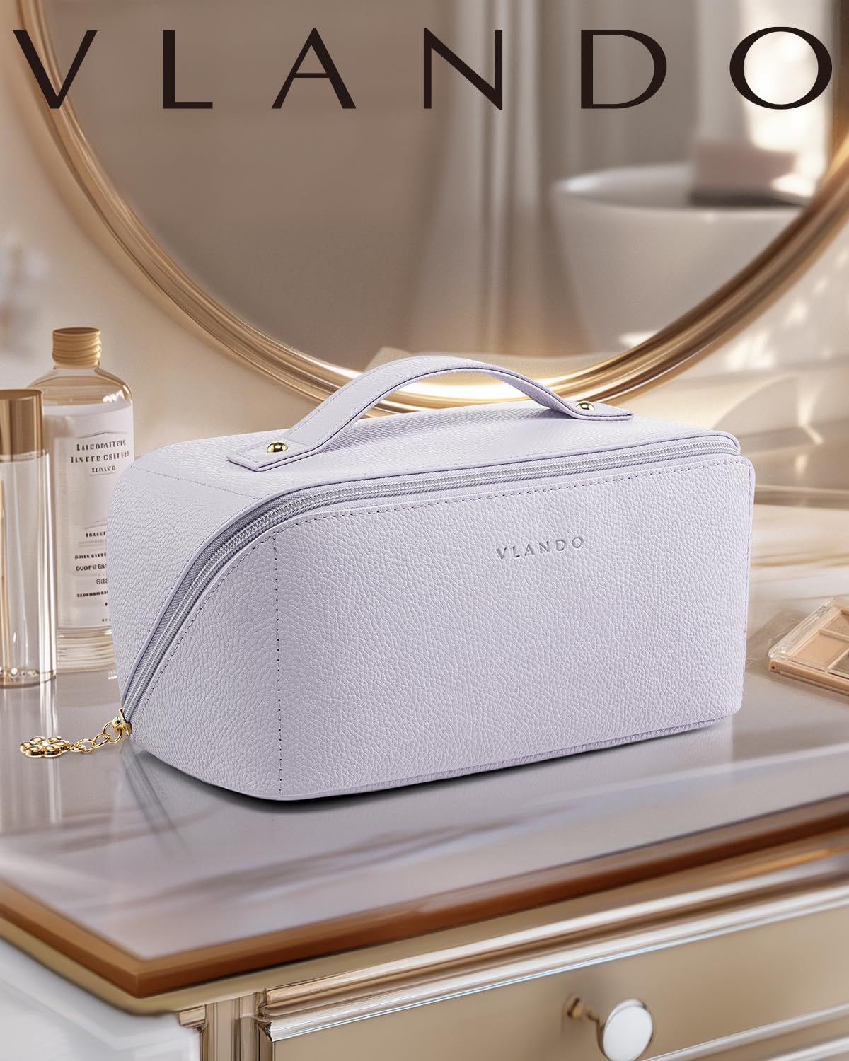 VLANDO Makeup Bag,Travel Toiletry Bag,Cosmetic Bag for Women PU Leather Portable Make up Bag for Skincare, Brushes & Travel Essentials-Purple