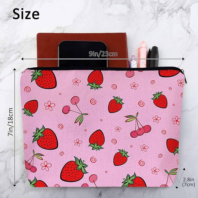 Kalygon Strawberry Makeup Bags Makeup Organizer, Summer Strawberries Cherries Pink Flax Toiletry Bags Travel Cosmetic Bag Makeup Purse Pouch Skincare Bag Wallet Bags For Women Female Mom Daughter