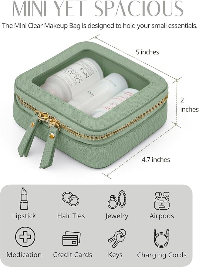 Popvibe Small Clear Makeup Bag for Purse, Travel Cosmetic Case Green, Mini