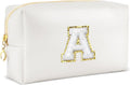 URSKYTOUS Gifts for Girls Initial Makeup Bag Personalized Cosmetic Bag with Zipper Cute Travel Toiletry Bags Waterproof PU Preppy Makeup Pouch Birthday Gift for Teen Girls Women(White A)