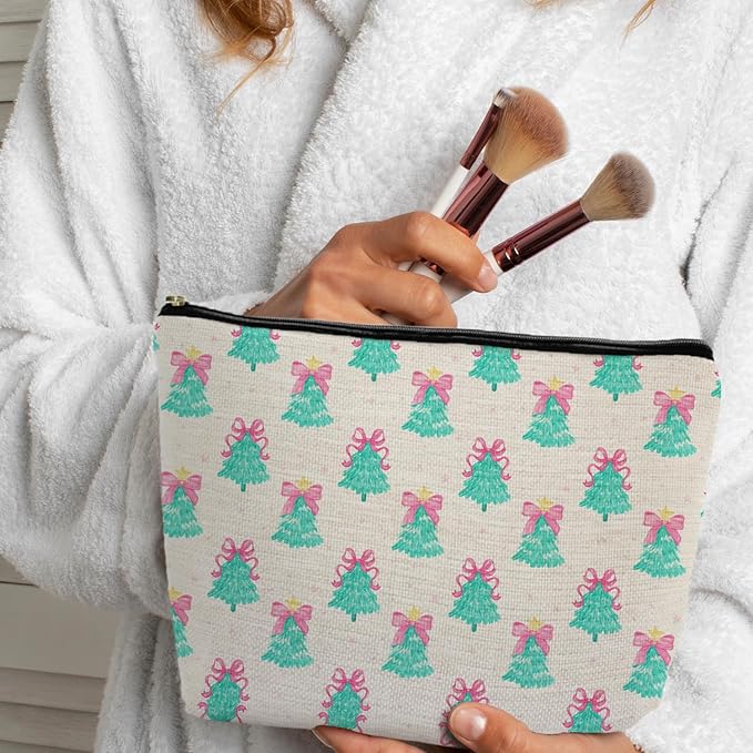 SAFDSGFDB Coquette Pink Bow Christmas Tree Makeup Bag, Preppy Mint Green Christmas Tree Cosmetic Bags Gifts for Women, Girly Xmas Portable Travel Toiletry Bag Zipper Makeup Pouch