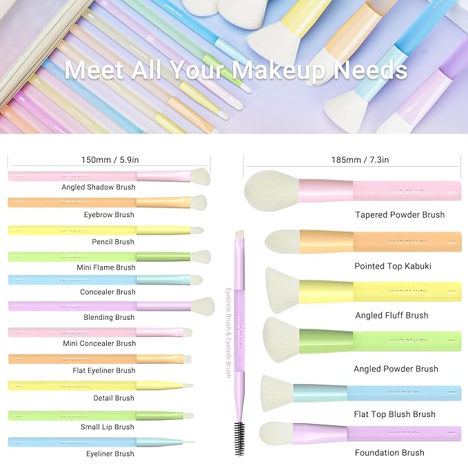VIVID BEAUTY Makeup Brush Set, 18 Pcs Makeup Brushes with 2 Sponges & Travel Bag, Colorful Make up Brushes for Foundation Powder Blush Blending Eyeshadow, Face & Eye Brush Kit for Beginner