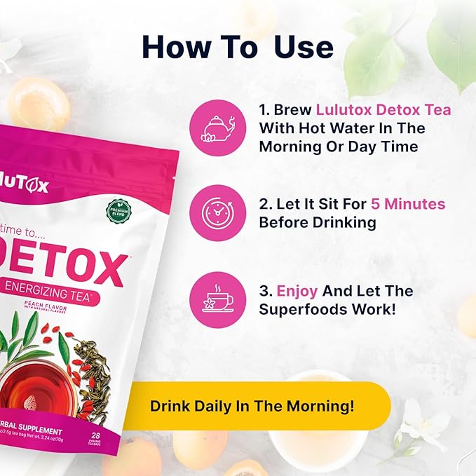 LULUTOX Detox Tea - Herbal Blend with Dandelion, Ginseng, and Ginger - Supports A Healthy Weight, Digestive Health - Vegan, All Natural, Laxative-Free - Peach Flavor (28 Servings)