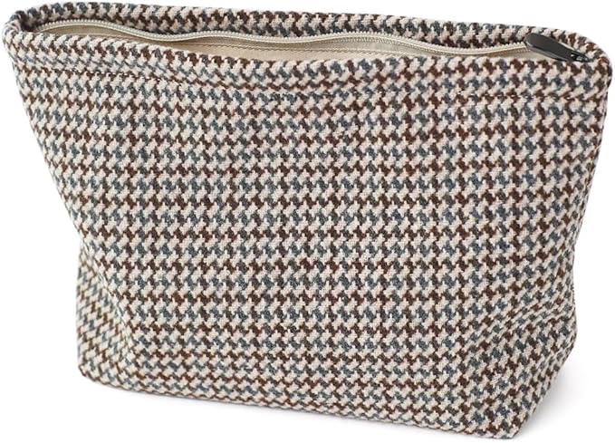 BBORGDC Large Capacity Plaid Tweed Makeup Bag - Travel Cosmetic Pouch & Toiletry Organizer with Zipper, Cloth Make Up Organizer for Daily Use, Gift for Women