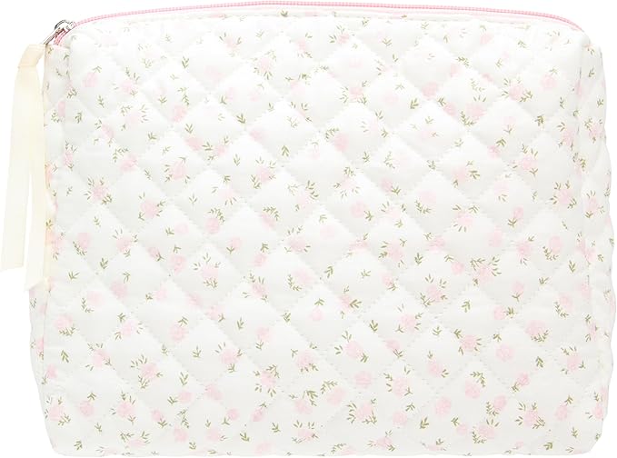Quilted Makeup Pouch for Women, Travel Cosmetic&Toiletry Bag,Flower Pink