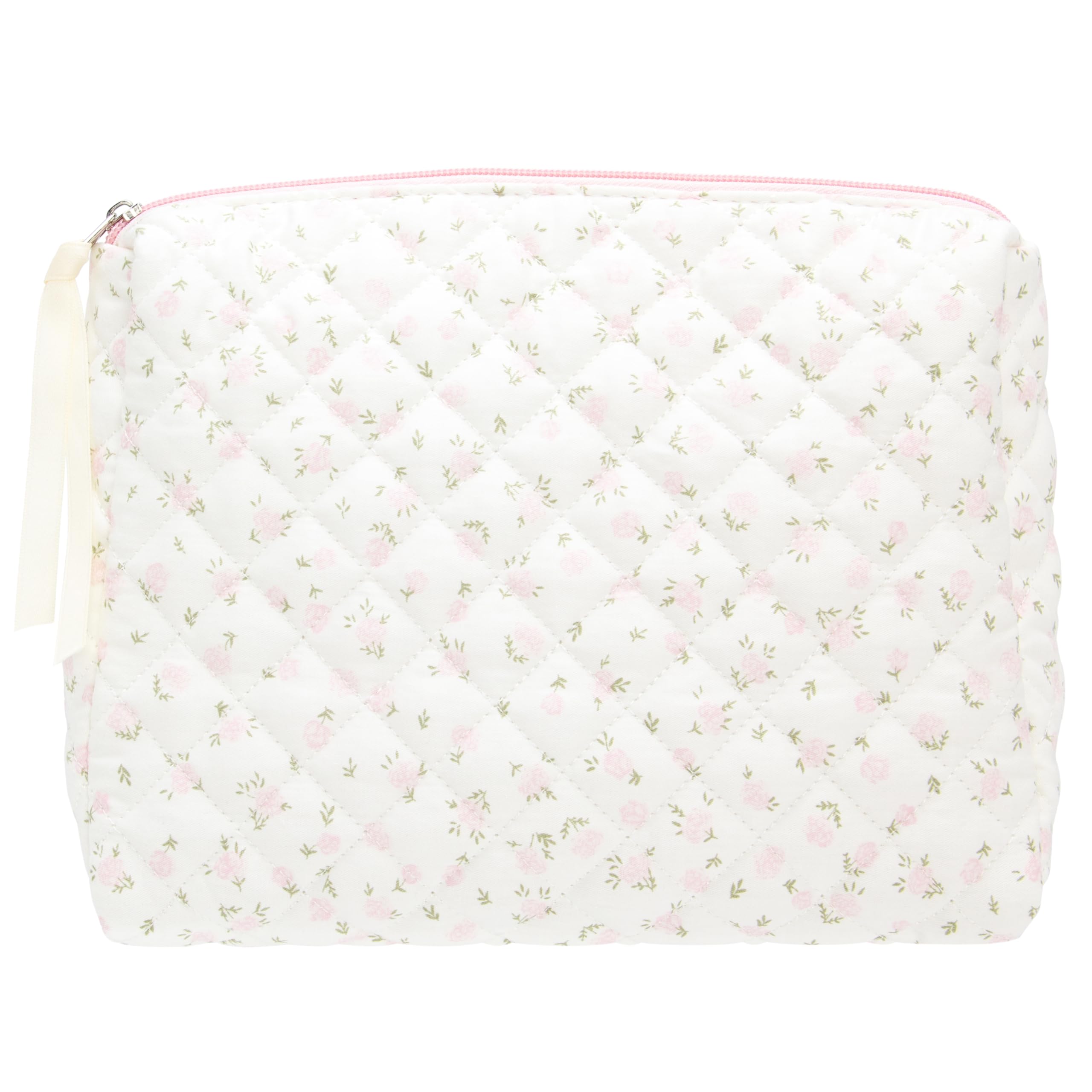 Quilted Makeup Pouch for Women, Travel Cosmetic&Toiletry Bag,Flower Pink