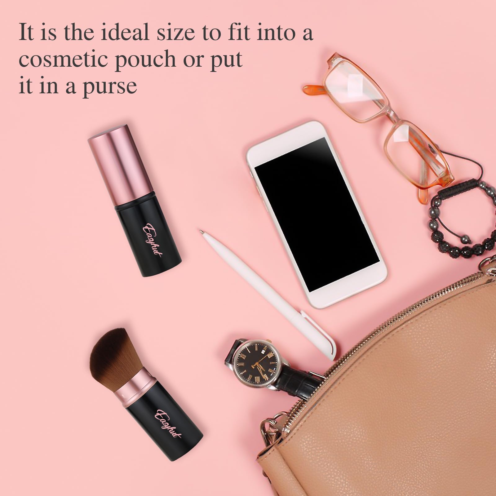 Easyhut Retractable Kabuki Makeup Brushes 2 Pcs Blush Brushes Set Portable Powder Brushes with Flat and Angled Top for Liquid Cream Girls Cosmetics Travel, Large/1.18inch, Rose Gold