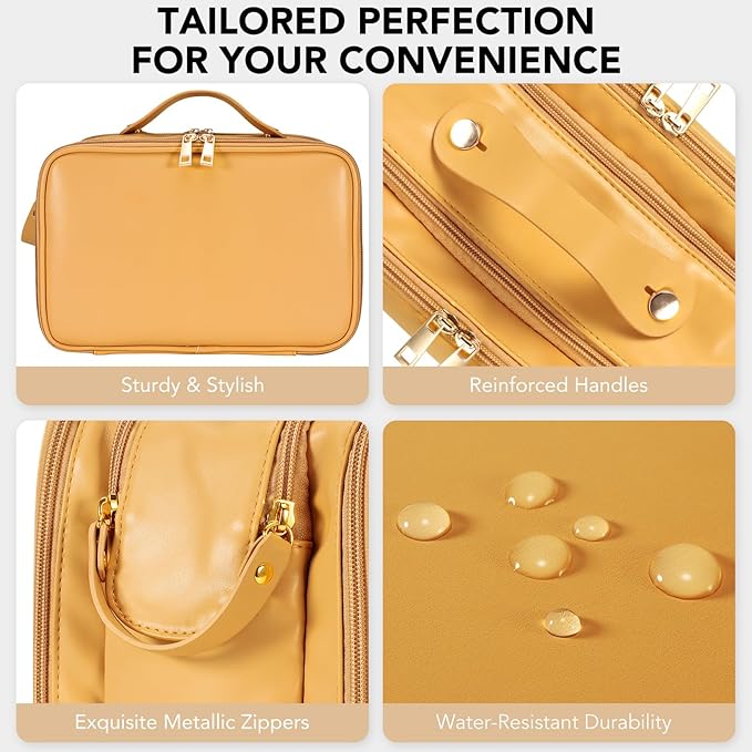 HauteHues Travel Makeup Bag Women's Large Capacity Cosmetic Portable Organizer Large Opening Waterproof Storage Toiletry Bags Vertical Free-Standing Brush Holder for Easy Access Orange