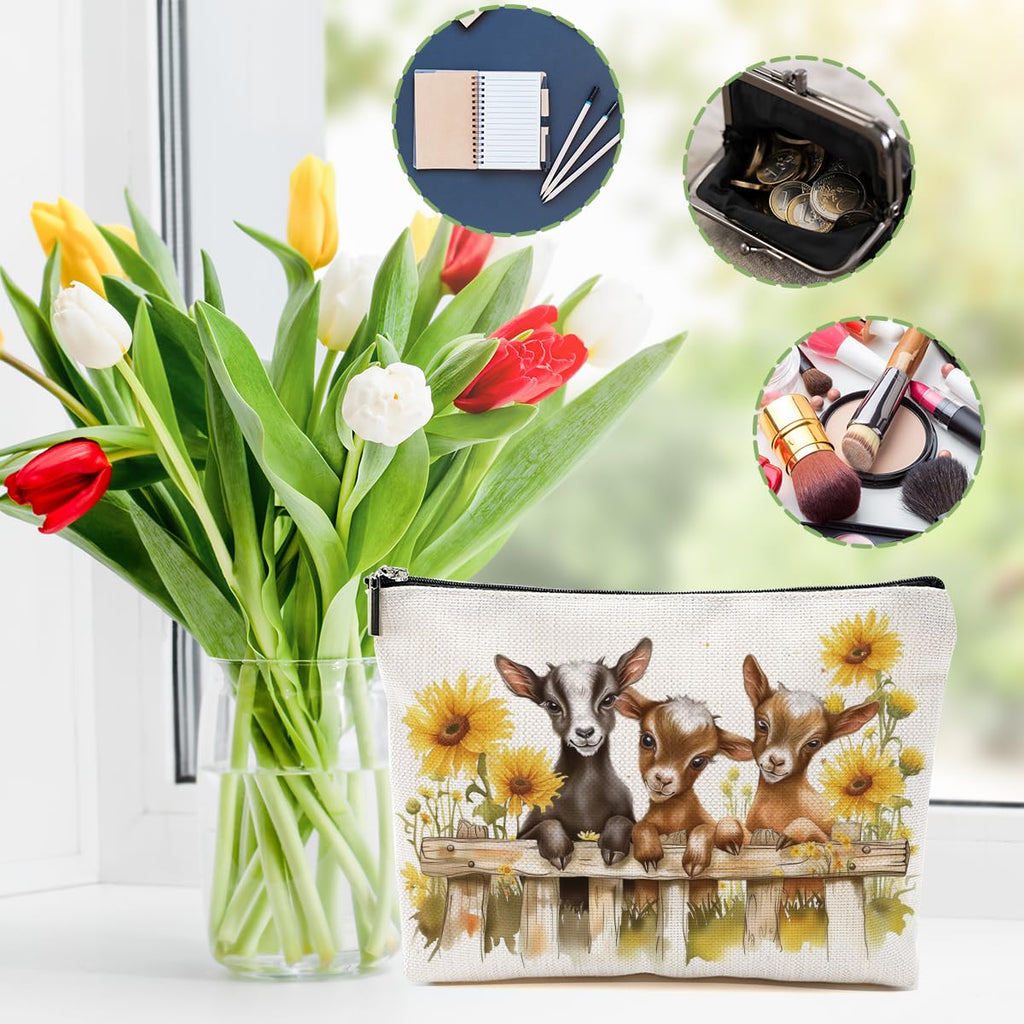 DHKG Goat Gifts for Goat Lovers Makeup Bag Cute Sunflower Goat Cosmetic Bag