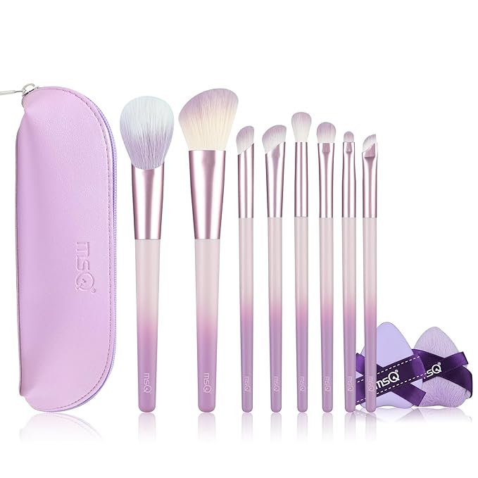 MSQ Make Up Brushes Total 10Pcs-with 8 Makeup Brush & 1 Foundation Puff & 1 Velve Powder Puff, Synthetic Hair Powder Brushes for Blush Countour Concealer Eyeshadow Eyeliner