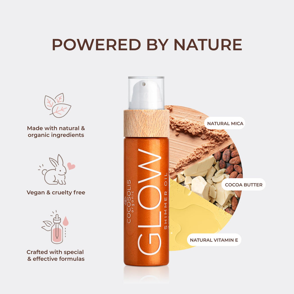 COCOSOLIS GLOW Shimmer Oil | Illuminizing Natural Dry Oil With Shiny Particles | Leaves The Skin Glowing & Enhances a Golden Tan | Gives a Luxurious Feel to Your Skin | 110ml