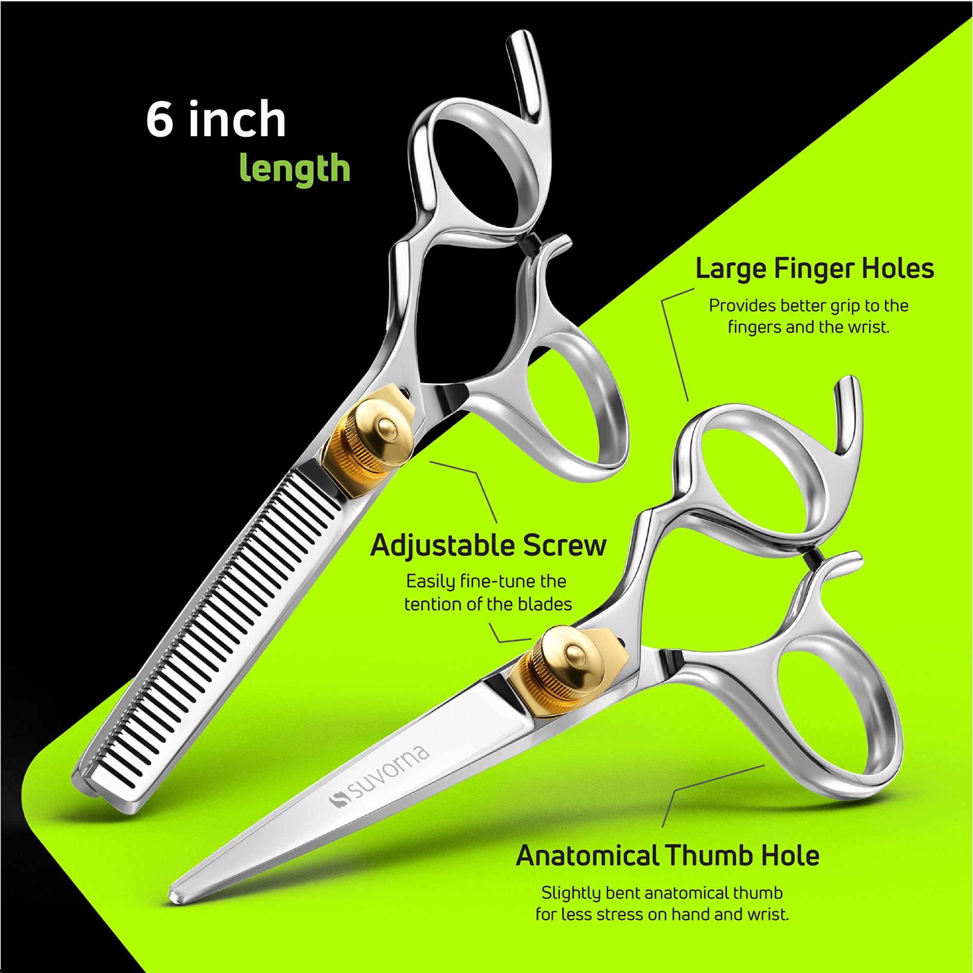 Suvorna Hair Cutting Scissors and Thinning Shears Set - Professional Hair Scissors Set - Barber Scissors and Accessories - Made with 420C Japanese Stainless Steel and Extremely Razor Sharp Edge.