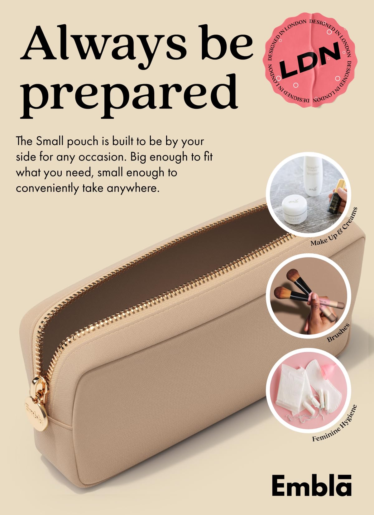Embla Medium Travel Makeup Bag and Waterproof Nylon Travel Toiletry Bag with Smooth Zipper, Compact Slim Cosmetic Pouch, Beige