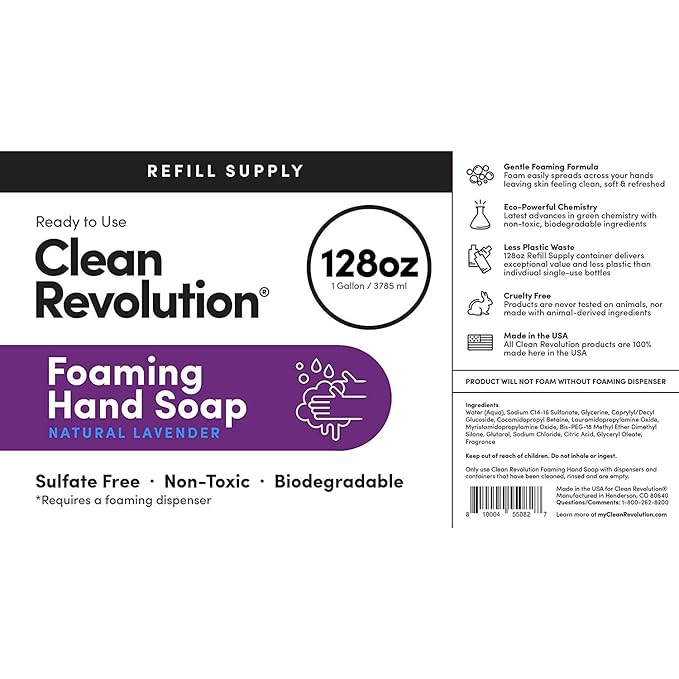 Clean Revolution Foaming Hand Soap Refill with Real Essential Oils, Moisturizing Sulfate-Free Hand Soap, Ready-to-Use Foam Soap Refill for Kitchen & Bathroom, Natural Lavender (128oz, 4 Pack)