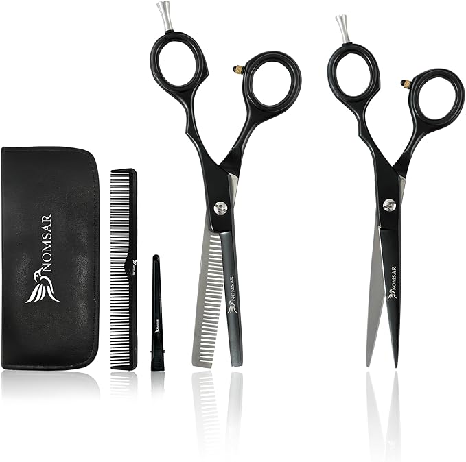 NOMSAR Professional Hair Cutting Scissors Kit, Sharp Fine Blades, Premium Stainless Steel Hairdressing Shears, Haircut Beard Trimming Grooming Set for Barber Salon Home Men Women Pets (Black-Silver)