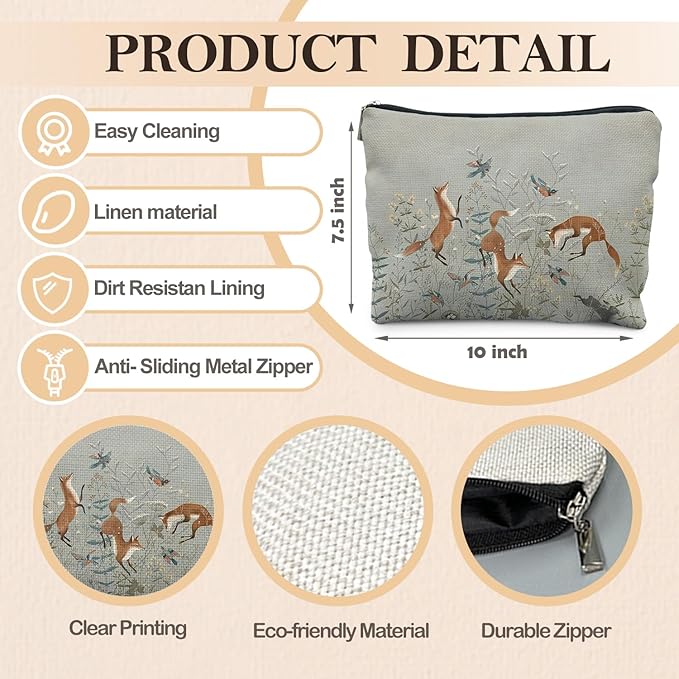 RYYCDOI Fox Gifts for Women, Fox Wildflowers Makeup Bag, Forest Fox Cottagecore Cosmetic Bags Toiletry Bag for Women, Animal Lover Gifts