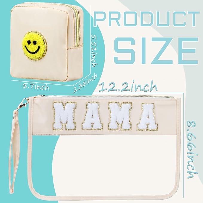 BuyCard 2 Pcs Preppy Patch Clear Mama Bag, Women Chenille Letter Makeup Cosmetic Bag for Travel, PVC Waterproof Organization Outdoor Zipper Pouch Toiletry Bag for Women Girl