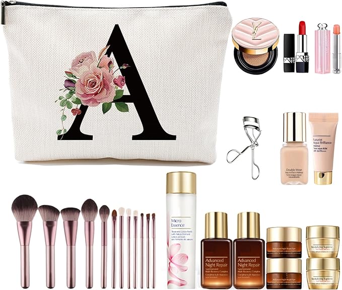 Comanro Initial A-Z Personalized Letter Makeup Bag, Monogrammed Bridesmaid Gifts/Presents Cosmetic Bag, Portable Stationery Storage Organizer Pouch, Friendship Love Travel Makeup Bags