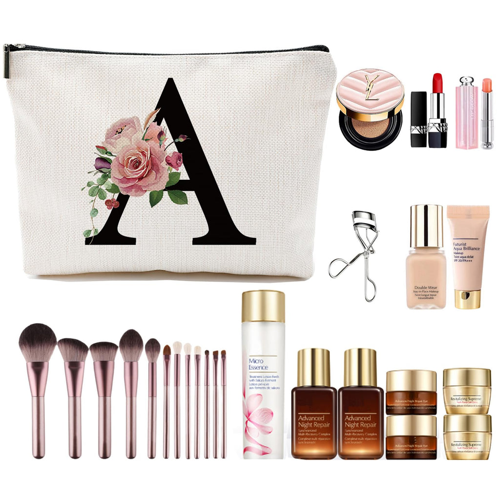 Comanro Initial A-Z Personalized Letter Makeup Bag, Monogrammed Bridesmaid Gifts/Presents Cosmetic Bag, Portable Stationery Storage Organizer Pouch, Friendship Love Travel Makeup Bags