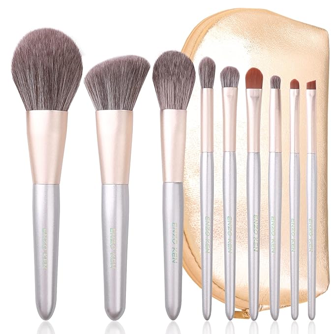 ENZO KEN Natural Hair Makeup Brushes Set Professional, Grey Squirrel Hair Makeup Brush Set with Case, Unique Cosmetic Brushes Makeup Set, Natural Makeup Brushes, Natural Bristle Makeup Brushes -Silver