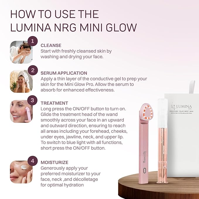 Lumina NRG Mini Glow PRO 5-in-1 LED Face Wand – Lifting, Tightening, Firming, Wrinkle & Facial Massager & Skincare Tool with Red & Blue Light, Gentle Warmth & Vibration - Compact At-Home Beauty Device