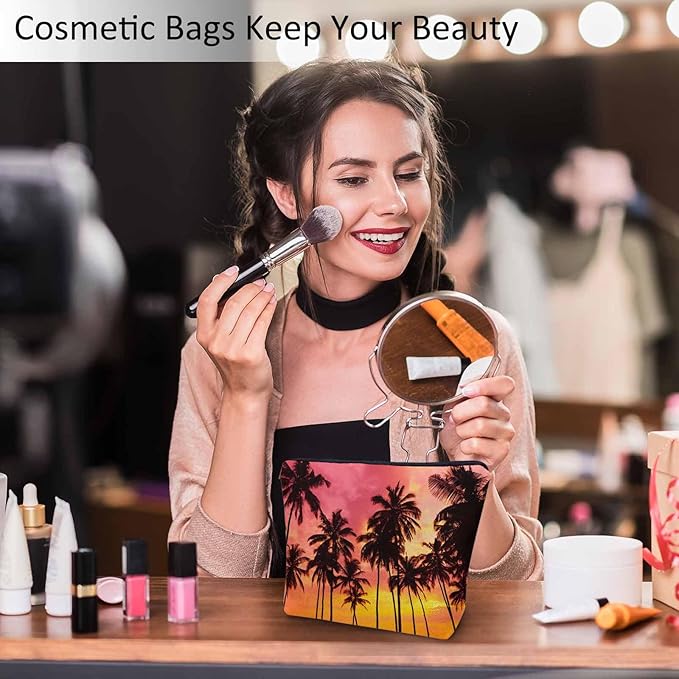 Kalygon Tropical Beach Makeup Bags Makeup Organizer, Hawaii Ocean Beach Palm Trees Sunset Flax Toiletry Bags Travel Cosmetic Bag Makeup Purse Pouch Skincare Bag Wallet Bags For Women Female Mom