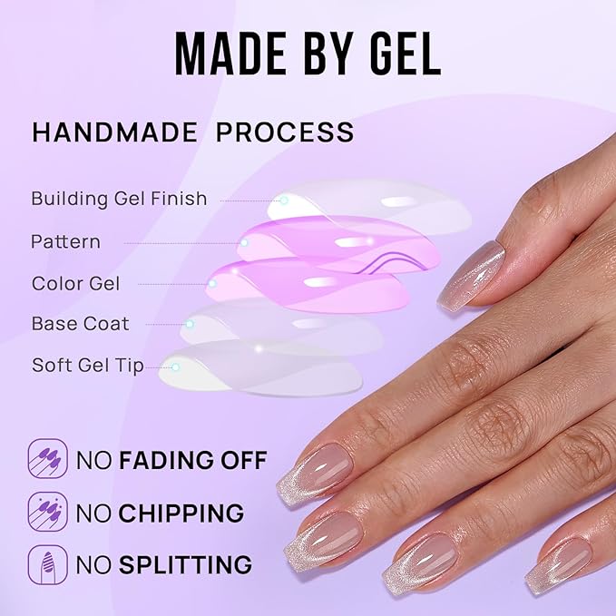 BTArtbox Press On Nails, Milky Way, Short Coffin, Cat Eye French, 32Ct