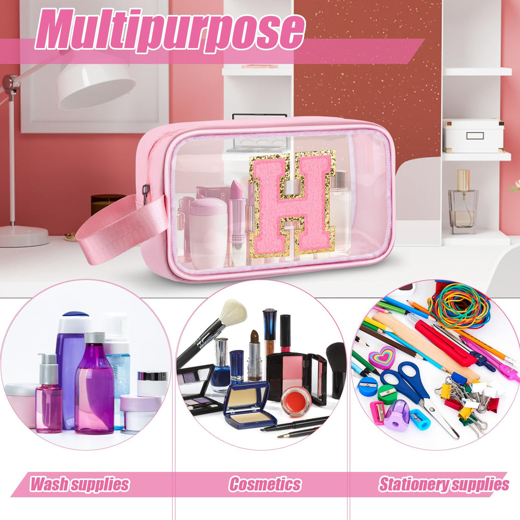 Vodolo Initial Makeup Bag,Letter H Cute Clear Monogrammed Cosmetic Travel Bag for Womens Girls,Personalized Pink Aesthetic Traveling Make Up Organizer Bag for Beach,Waterproof Toiletry Bag