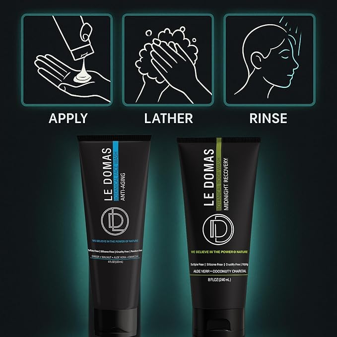 LE DOMAS Body Wash & Face Wash Set for Men & Women – Natural Skincare with Aloe Vera, Rice & Coconut Charcoal, Hydrating Moisturizer & Oil Cleanser, Travel Size Skin Care Products for All Skin Types
