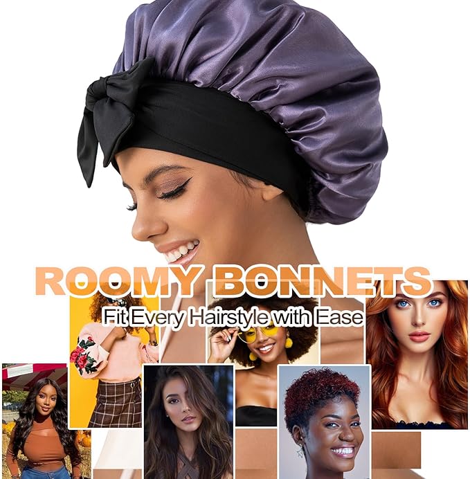 GDTOGRT Satin Silk Bonnet for Sleeping Women, Double Layer Sleep Hair Bonnets Caps for Curly Natural Hair with Tie Band - Black