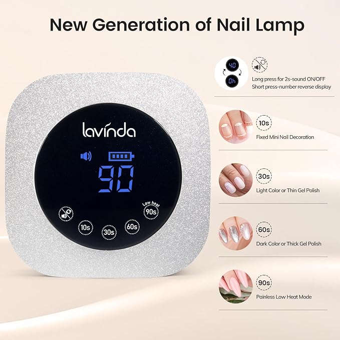 Lavinda 54W UV LED Nail Lamp for Gel Polish, Frosted Silver Glitter