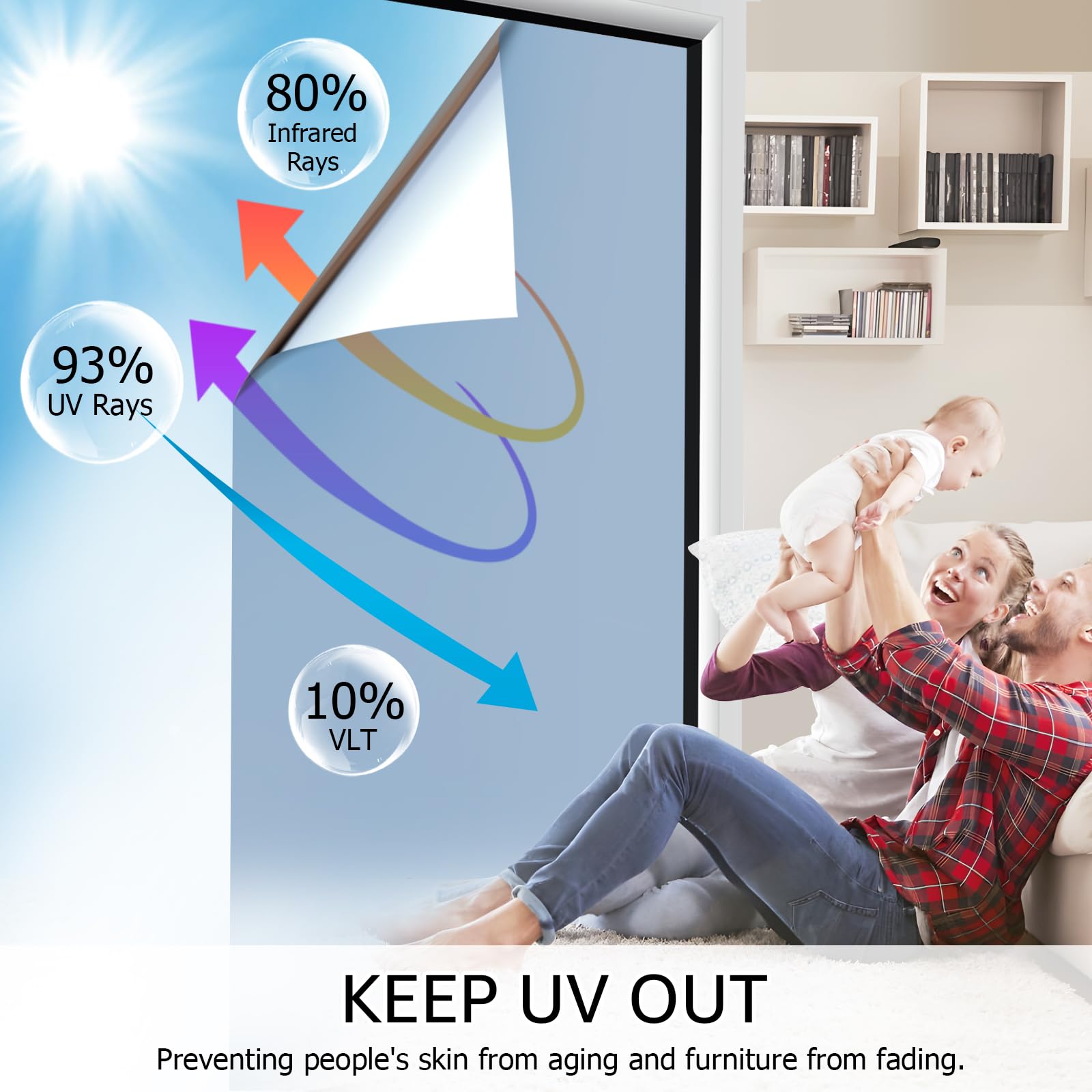 HIDBEA One Way Mirror Window Film, Blue Silver, 17.5 x 78.7 Inch