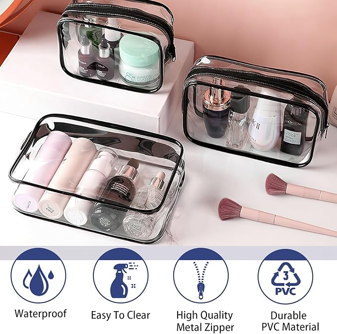 YOQIVEXU 6 Pieces Clear Cosmetics Bag Bulk, TSA Approved Toiletry Bag for Travel, Zippered Clear Pouch Cosmetic Makeup Bag Waterproof Vinyl Plastic Organizer Case for Vacation Bathroom (Large)