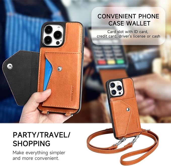 LUCKYCOIN Crossbody Phone Case for iPhone 15 Pro Max, 100% Genuine Leather Phone Wallet Case for Women, Premium Hands-Free Phone Purse with Expandable Flip Card Holder & Adjustable Strap - Retro Brown