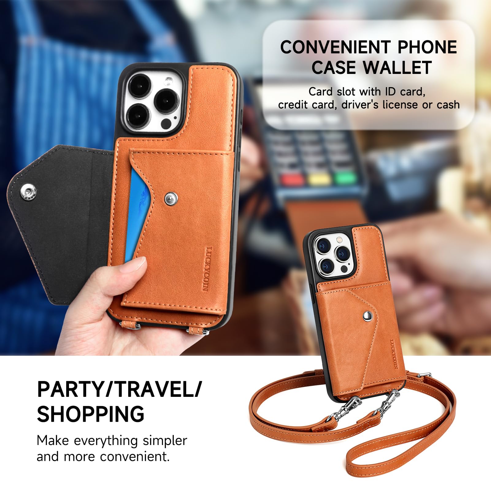 LUCKYCOIN Crossbody Phone Case for iPhone 14 Pro Max, 100% Genuine Leather Phone Wallet Case for Women, Premium Hands-Free Phone Purse with Expandable Flip Card Holder & Adjustable Strap - Retro Brown