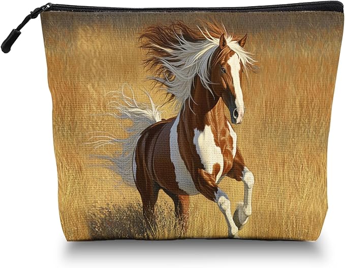 Scribesense Cosmetic Bags Travel Makeup Toilet Case Waterproof Pouch for Women Girls 6.7X9.45inches - Horse Galloped on The Golden Grass