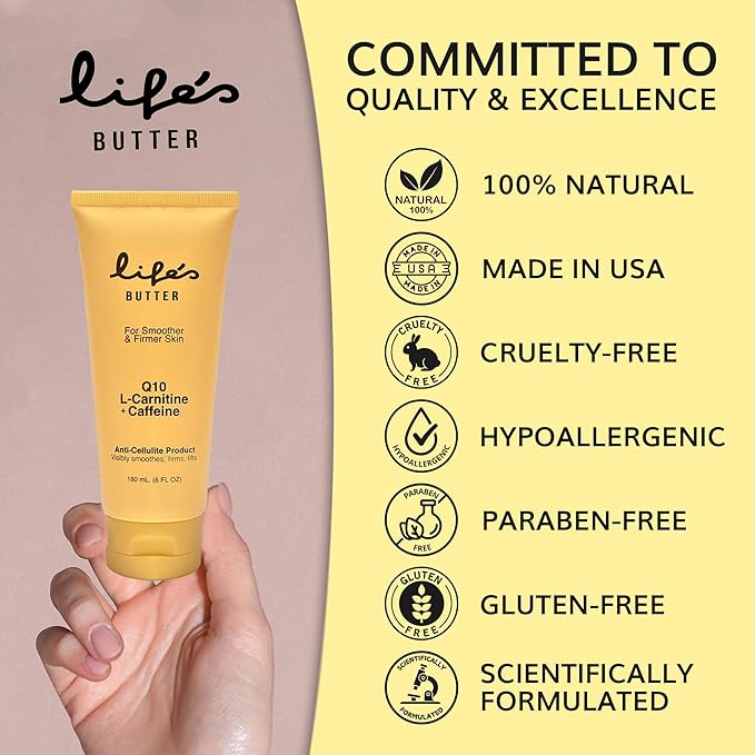 Life's Butter Anti-Cellulite Cream - 100% Natural - Made in USA - Cruelty-Free - Hypoallergenic - Best Cellulite Reduction - Skin Firming + Tightening for Women L-Carnitine + CoQ10 + Caffeine 6 fl oz