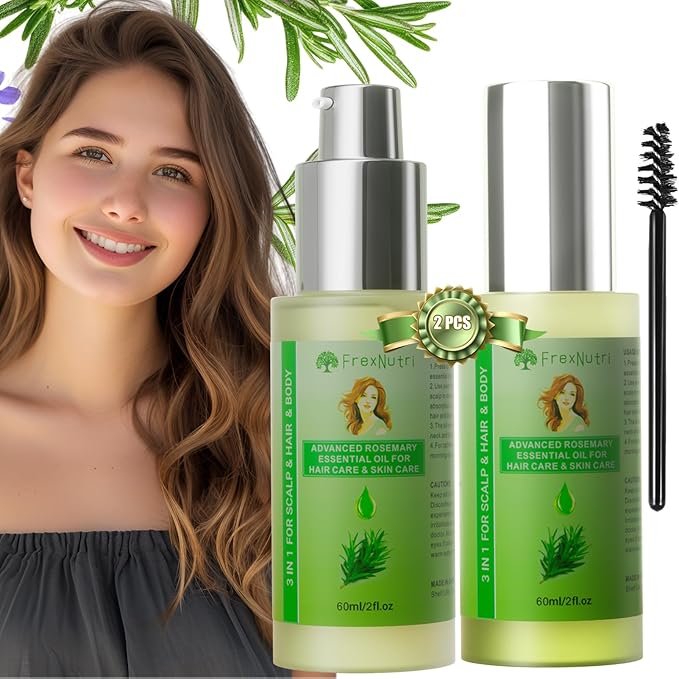 FrexNutri Rosemary Oil for Hair Growth (2 x 60ML), Organic Pure Rosemary Essential Oil for Hair & Scalp, Leak-Proof Bottle with Precision Press Dispenser, Multi-Purpose for Hair, Skin & Aromatherapy