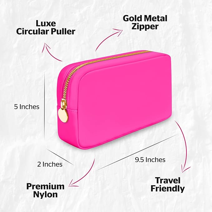 DANCOUR Small Makeup Bag – Cute Preppy Nylon Makeup Pouch, Small Cosmetic Bag for Purse, DIY Stuff Organizer, Hot Pink Travel Toiletry Bag
