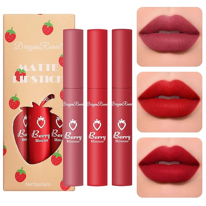 3Pcs Dark Red Matte Lipstick Set, Red Matte Lipstick Long Lasting for Women