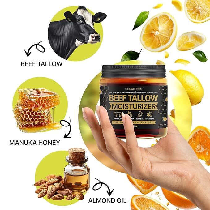 Tallow and Honey Balm for Skin & Face - 100% Grass-Fed Organic Whipped Beef Tallow Moisturizer with Manuka Honey, Sweet Almond Oil & Light Citrus Scent - Deep Barrier Repair & Body Butter (3.38 oz)