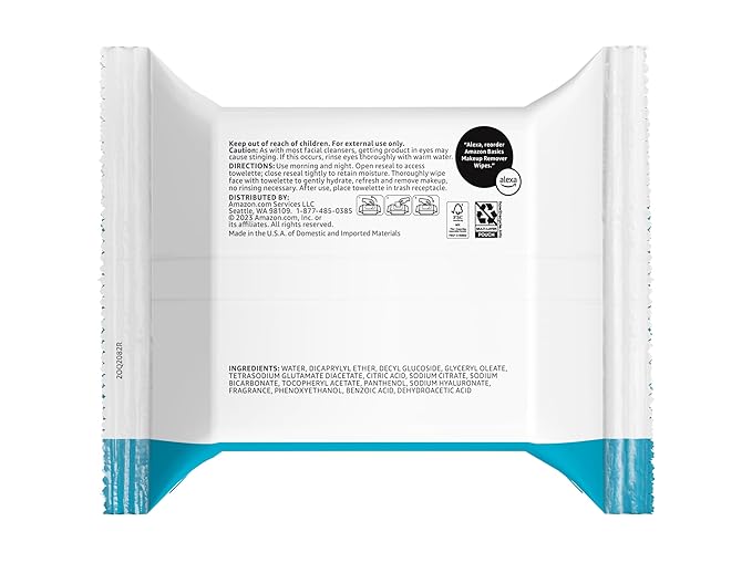 Amazon Basics Makeup Remover Wipes, Gentle Cleansing, Dermatologist Tested, Hydrating with Hyaluronic Acid, Plant Based, Alcohol-Free, Removes Waterproof Mascara, Facial Cleansing, 25 Count