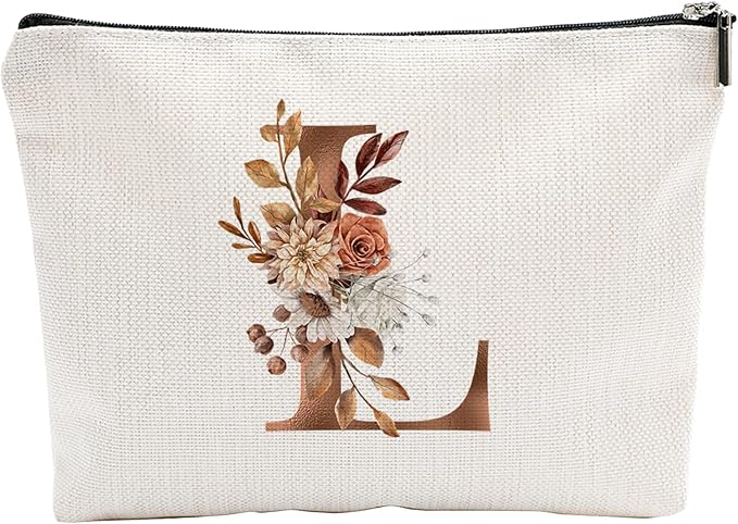 YKYENR A-Z Boho Personalized Cosmetic Bag-Floral Cotton Letter Makeup Bag With Zipper-Artistic Cosmetic Bag For Travel-Bride,Birthday Gift For Women Daughter Friends-Women Makeup Organizer-A12