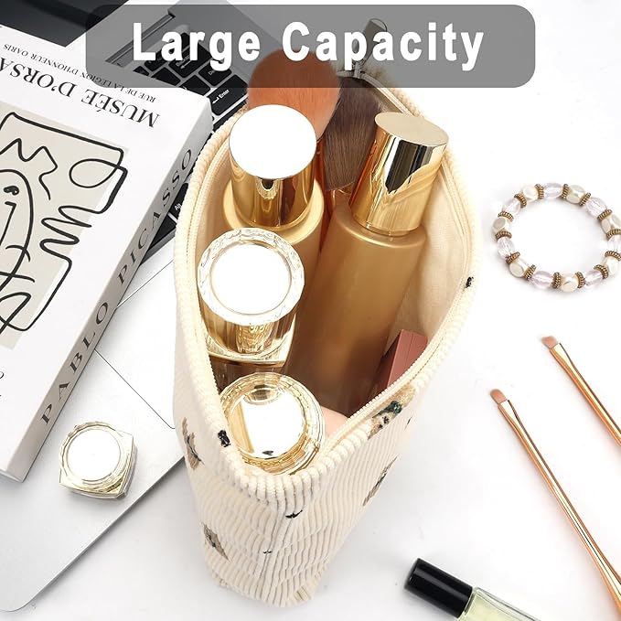 Tmtains Corduroy Makeup Bag Cute Small Soft Zipper Makeup Bags for Purse Organizer Cosmetic Travel Toiletry Pouch with Bear Pattern Coquette Aesthetic Period Pouch Valentine Gifts for Women (Beige)