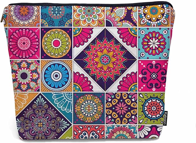 Kalygon Women Makeup Organizer Bag Mandala Floral, Colorful Ethnic Mandala Flower Patchwork Flax Cosmetic Bag Makeup Bags Toiletry Bag Accessories Organizer Travel Bags For Home Bathroom Office Hotel