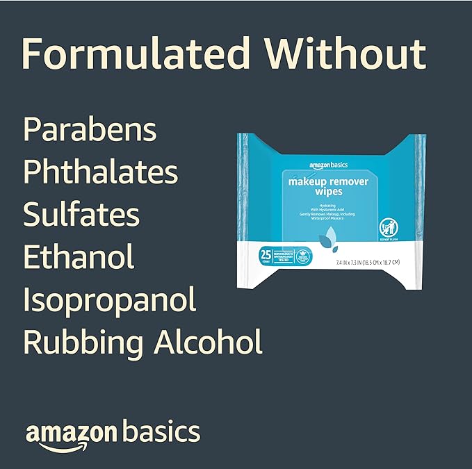 Amazon Basics Makeup Remover Wipes, Gentle Cleansing, Dermatologist Tested, Hydrating with Hyaluronic Acid, Plant Based, Alcohol-Free, Removes Waterproof Mascara, Facial Cleansing, 25 Count
